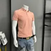 Basitlik Erkekler Polo Gömlek Ejderha Nakış Rozeti Yakası Yaka T-Shirt Yaz Yeni Moda İş Nedensel Uyum Pembe Üst Giyim