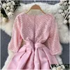 Basic Casual Dresses 2023 A Line Long Sleeve Lace Fashion Designer Runway Dress Spring Summer Women Stand Collar Mesh Ruffles Floral-P Dhqf7