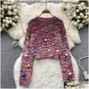 Womens Sweaters 2023 Fashion Sweet Girls Colorf Hairball Design Coarse Yarn Knitted Plover Sweater Women Long Sleeve Short Jumper Crop Dhdjz