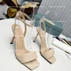 Strassonstone Luxus gepolstert Satinrutsche Kristallrutsche Kleid Schuhe Sommer Sandalen Schuhe Mode flache Sandale Schnüre -up -Büro Slipper Leder Designer High Heels