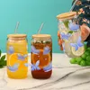 Wine Glasses 16oz Blue Floral Butterfly Pattern With Bamboo Lid Glass Straw Juice Ice Cream Bottle Suitable For Summer Gifts