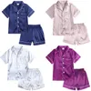 Zestawy odzieży Wygodne letnie zestawy piżamy dla chłopców Dziewczęta jedwabny satynowy top+spodni długi rękaw solidny jedwabisty piżamę koszulą nocną dziecięcą nos