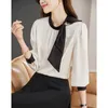 Women's T Shirts 2024 Spring/Summer/Autumn Korean Versatile Bow Colored Long Sleeved Satin Shirt Top T-shirt