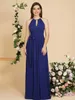 Runway Dresses Women Royal Blue Halter Hollow Out Chiffon Bridesmaid Dresses Gorgeous Long Prom Draped With Bow Belt Maxi Gowns Formal Evening Y24042611GM