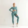 VG9M Kvinnors träningsdräkter Sömlösa Yoga Set Womens Sportwear Gymkläder Långärmad skörd Top midja Långben sportkläder 240424