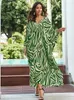 Plusstorlekar Zebra Stripe Straight V Neck Dress for Women 2024 Autumn Batwing Sleeve Comfy Outfit House Robe Maxi Q1591