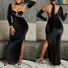 Повседневные платья Omsj Velvet Patchwork Asymmetrial Ladies Split High Taister Evening Elegant Maxi Pless Без спину с длинным рукавом зимой Slim