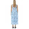 Casual Dresses Blue Printed Halter Long Dress Pressure Pleated High Waist Stretchy Women's Quality Fashion Y2k Summer