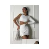 Temel gündelik elbiseler kadınlar 2023 İlkbahar Yaz Bir Shoder Uzun Kollu Sarma Düzenli Bodycon Elbise 2 Katmanlı Kesim Beyaz Kısa Damla Deli Dhdzq