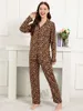 Kvinnors sömnkläder plus storlek S-3XL Leopard Print Womens Home Clothes 2 Piece Set Loose Long Slve Pyjamas Female Casual 100% Viscose Slpwear Y240426