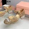 Zapatos de vestir Sandalias de tacón de cristal Mujeres Rehinestones de lentejuelas Hebilla del cinturón de cuero genuino Mary Jane Ballet Shallow Ballet Pista