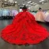 Off The Shoulder Dresses 15 Years Red Stick Quinceanera Dress Sweet 16 Ball Gown Princess Birthday Gowns Lace Appliques