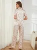 Dames slaapkleding Ladybird Print vrouwen Pyjama Set korte slev voorste knop tops lange broek vrouwelijke 2 stuks ingekeed Collor SLPwear Nightwear Y240426