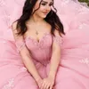 Mexican Vestido de 15 Anos Pink Charro Quinceanera Abiti Appliques in pizzo perle Tull Corset Sweet 16 Dress Abiti Da Cerimonia