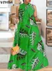 بالإضافة إلى الحجم 5xl Vonda Bohemian Summer Maxi Dress Women Ploral Print Tie Bow Beach Sundress مثير بلا أكمام غير رسمية طويلة رداء طويل 240419