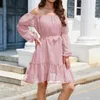 Casual Dresses Womens Fashion Elastic One Line Neck Dot Print Long Sleeved Lined Waistband Off Shoulder Chiffon Dress Romper