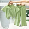 Zestawy odzieży Summer Girls Zestaw stałego koloru kołnierza lapowego T-shirt szerokie nogi Spodnie 2PCS Suit Fashion na 2-8 lat zwykły strój