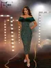 الفساتين غير الرسمية Missord Green Sequin Midi Dress Women Women Velvet قبالة الكتف عاريات Bodycon Party Prom Prom