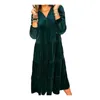 Casual Dresses Midi Dress Women Patchwork A-line Loose Hem Long Sleeve V Neck Velvet Solid Color Mid-calf Length