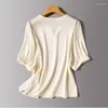 Women's T Shirts Satin Casual T-shirts Summer Solid Colours Tees Short Sleeves Loose Women Tops Silk V-necks Clothing YCMYUNYAN