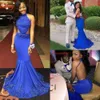 Prom Royal Couple Fashion Blue Dresses Mermaid Halter Neck Beaded Appliques Sweep Train Evening Red Carpet Gowns