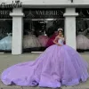 Perles lilas de perles en cristal robe quinceanera robes sur les applications épaules dentelle sweet 16 vestidos de 15 anos