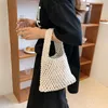 Drawstring Women Cotton Thread Handväska med innerficka Straw Bucket Tote Bag Lättvävning Vävt korg Net Shopper