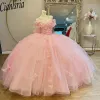 Rosa fuori dalla spalla 3D Butterfly Crystal Quinceanera Dresses Abito da ballo Appliques in pizzo Sweet 15 Birthday