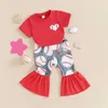 衣料品セット子供服の子供たちの女の子の夏の衣装半袖OネックTシャツトップス+野球プリントフレアパンツセットコスチューム