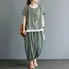 Zweiteilige Hosen der Frauen Baumwolle Leinenhosen Set Übergroße O-Neck-Shorts Sve T-Shirt und Harem Hosen Damen Damen Sommer Retro lässig losen zweiteiligen Set Y240426