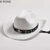 Breda gräl hattar hink hattar mode skalle dekor västerländsk cowboy hatt naturlig papper stråhatt för män sommar strand sol hatt curling brim livräddare hattar y240425