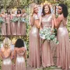 Robes de sirène en or rose brillant 2019 Nouvelles manches courtes bon marché Backless Long Beach Sequins Maid of Honor Brides Dmaid Bowns 2024