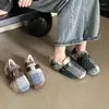 Casual Shoes 2024 Autumn Winter Color Plaid Plush Slip On Flats Women Korea mode Mary Jane Round Toe Women's