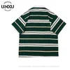 2024 summer loose American retro Japanese striped tshirt for men colorblocked Polo shirt lapel shortsleeved women 240417