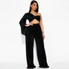 Kvinnors tvåbitar byxor Autumn Sexig veck med två stycken Set Women mode Solid Off Axel Single Slve Top Wide Leg Pants Two Piece Set Women Y240426