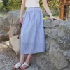 スカートジョンチュア2024夏の青いストライプリネンスカート女性シンプルなゆるい弾性ウエストすべてフランスの牧歌
