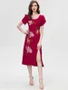 Partykleider aeleseen hohe Qaulity -Sommerkleid für Frauen Kurzärmel Claret Blume Stickerei Paillettenpailletten geteilte elegante Midi Holidat