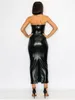 Casual Dresses Backless Black Faux Leather Long Dress Women Sexig bodycon Strapless Slim Hem High Split Maxi Party Custom Chest Wrap