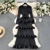 Casual Dresses Miyake Multi-Layer Cascading Pleated Dress Women O Neck Long Sleeve Solid Color Ruffles Cake Belt Female Party Clothing