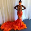 Dresses Mermaid Orange Feathers Prom For Black Girls Halter Lace Appliques Backless Evening Birthday Party Dress Long African 0216