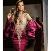 Rood Arabisch Aso Ebi Dark Mermaid Prom Dresses Sparkly Crystals kralen hoge split lange mouwen plus size size avond formeel feest tweede receptie jurken jurken