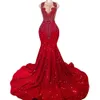 2024 Dark Red Mermaid Prom Dresses Jewel Neck Crystal Beads Sequined Lace Sequins Illusion Sleeveless Evening Gowns Formal Dress Sweep Train 0513