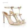 Nya stilmaterial Rene Jeweled Sandals Shoes Caterina Caovilla Kvinnor Pumpar Bow Crystal Pumps Glitter Soles Lady High Heels EU35-42