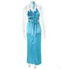 기본 캐주얼 드레스 여자 패션 거리웨어 여름 열망 의상의 옷 새 고삐 휴가 비치웨어 가운 실크 새틴 블루 롱 드롭 dhcrv