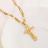 Hangende kettingen k vaste fijne geel goud gf heren Jezus Crucifix kruis frame 3 mm Italiaanse figaro link ketting ketting 60 cmpendant202w