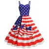 L Independence Day Womens Summer Sexy Strap American Flag Print Retro Large Swing Dress