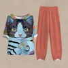 Kvinnors tvådelade byxor Abstract 3D Cat Printing medelålders Alderly Womens Short-Slved T-shirt kostym Löst stor storlek Tvådelad kostym 2024 Nya kvinnor Y240426