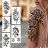 Tattoo Transfer Black 3D Rose Temporäres Tattoo für Frauen Mädchen Erwachsene Pfingstrose Dahlia Blume Tattoos Aufkleber Schwarz Flora Glory Geometrische Arm Tatoos 240426