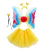 Stage Wear 4pcs Girls for Butterfly Costume Set Princess Gonna Rainbow Wing Headband Fairy Wand Halloween Cosplay Dress Up