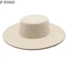 French Womens Hat Big Wide Brim 10CM Fedora Hat Winter Wool Derby Wedding Jazz Hats Flat Top Felt Hat 240425